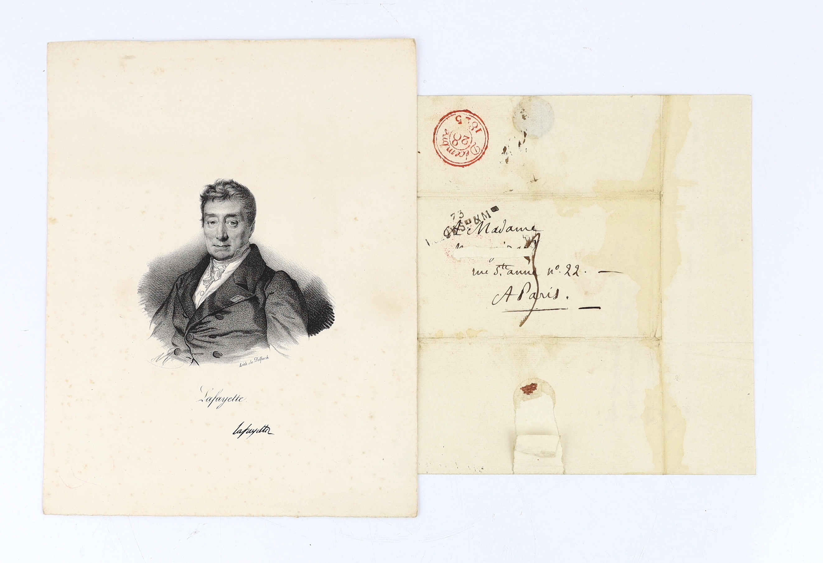 Gilbert du Motier, Marquis de Lafayette (1757-1834), French general and politician; letter to Madame [name cut from the cover], 22 Rue St Anne, Paris; La Grange, 26 December 1825